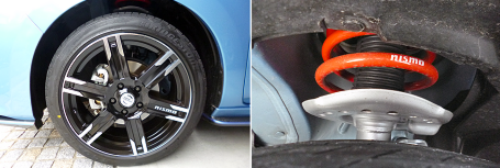 ホイールはブラック塗装で足回りを締まらせる。サスペンションは朱色でNISMOのロゴが。